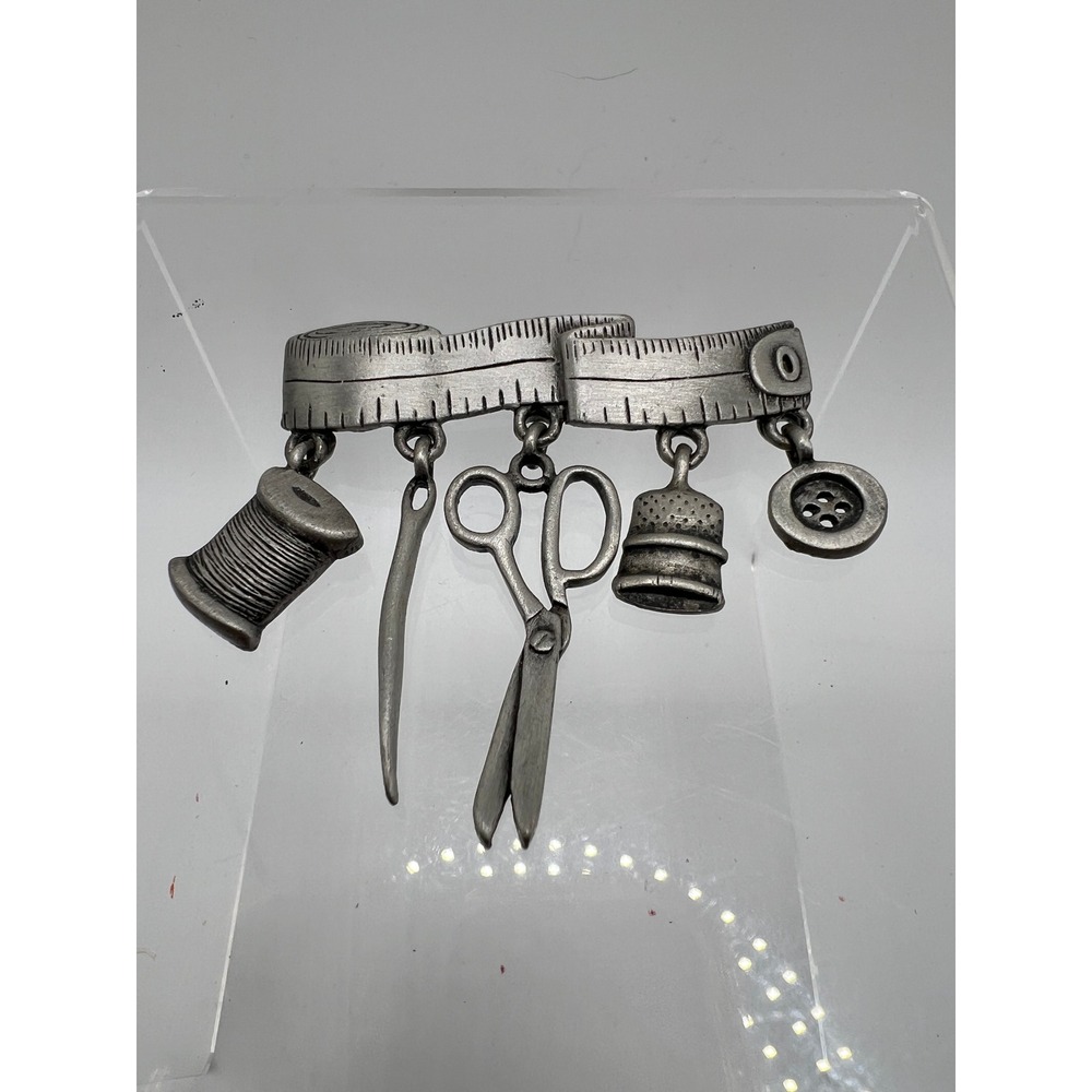 Vintage JJ Jonette Pewter Sewing Charm Pin Brooch 2" Silver Tone